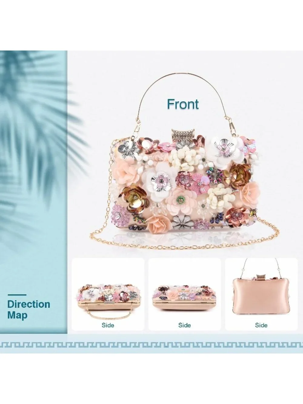 Women's Tan Clutches Flower Evening Handbag Chain Strap Elegant Shoulder Bag